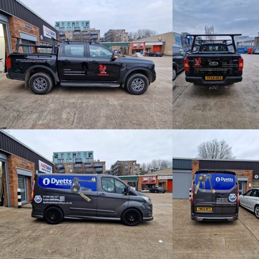 Image collage of a black truck and grey van for different companies with vehicle graphics and wraps